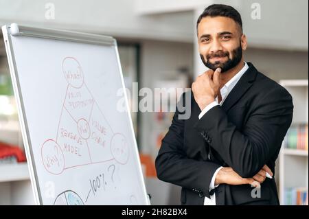 Business portrait of influential Indian man. Confident successful Indian manager or business mentor, in a suit, stands near whiteboard in the office, looks at camera and smiles friendly Stock Photo