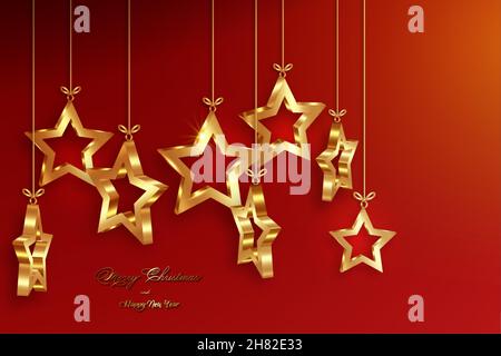 Christmas balls in 3D stars shape, Christmas luxury holiday banner with set gold star, Merry Christmas and Happy New Year greeting card. Golden luxury Stock Vector