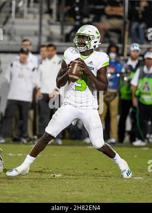 Orlando, FL, USA. 26th Nov, 2021. South Florida quarterback Timmy McClain (9) during 2nd half NCAA football game between the USF Bulls and the UCF Knights. UCF defeated USF 17-13 at the Bounce House in Orlando, Fl. Romeo T Guzman/Cal Sport Media/Alamy Live News Stock Photo