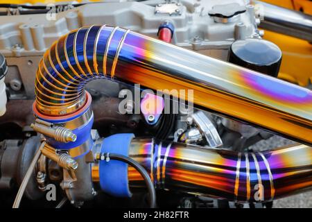 Tig welded seam on stainless steel pipe in racing car Stock Photo