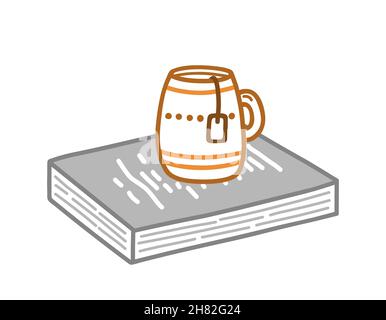 Cup with tea standing on a book isolated on white background. Cute vector hand-drawn illustration in doodle style. Perfect for cards, logo, decorations. Stock Vector
