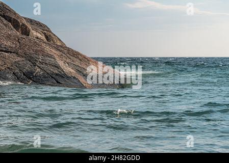 Rocky promontory in Superior Lake Park. Canada Stock Photo