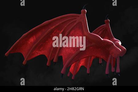 3d Illustration Red Dragon Wing, Red Devil Wings, Red Demon Wing Plumage Isolated on Dark Background with Clipping Path. Stock Photo