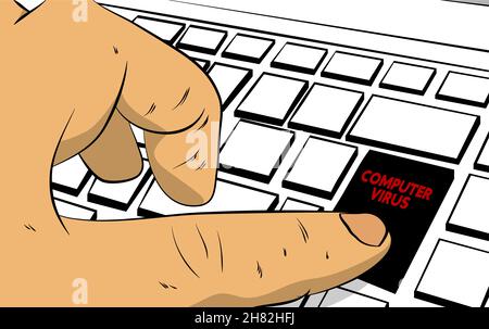 Computer virus word on computer keyboard. Man push keypad on laptop. Comic book style concept. Stock Vector