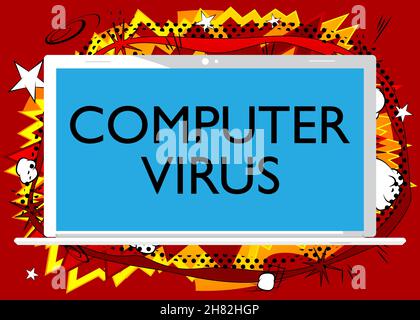 Laptop with the word Computer virus on the screen. Vector cartoon illustration. Stock Vector