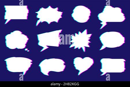 Speech bubble dialog banner chat glitch effect set. Abstract dynamic sticker futuristic comic dialog cloud user process idea. Label empty social web info icon comment discussion isolated on white Stock Vector