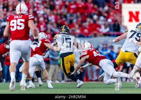 Lincoln, USA. 26th Nov, 2021. Iowa Hawkeyes running back Tyler Goodson #15 runs for 55 yards late in 4th quarter action during a NCAA Division 1 football game between Iowa Hawkeyes and the Nebraska Cornhuskers at Memorial Stadium in Lincoln, NE. Iowa won 28-21.Attendance: 86,541.382nd consecutive sellout.Michael Spomer/Cal Sport Media/Alamy Live News Stock Photo