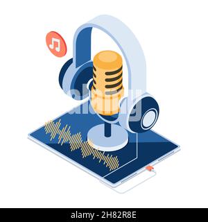 Flat 3d Isometric Microphone and Headphone on Digital Tablet. Podcast Concept. Stock Vector