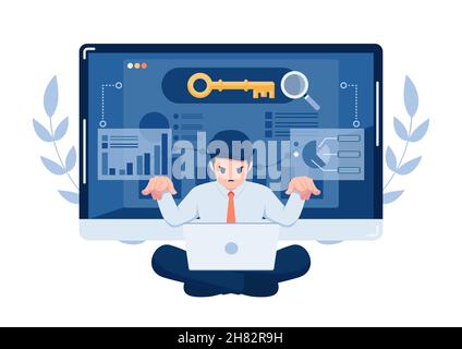 Businessman Working on Laptop with Golden Key on Search Bar. Keyword Research Concept. Stock Vector