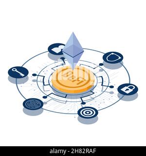 Flat 3d Isometric Ethereum on Golden Coin Decentralized to Security Icon Outside. DeFi Decentralized Finance and Blockchain Technology Concept Stock Vector