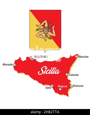 small Sicily outline map of sicily with coat of arms, italy Stock Vector
