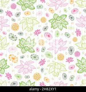 Vector white scattered colourful lotus flowers and water lily pads seed pods repeat pattern with faint stripes. Suitable for textile, gift wrap and Stock Vector