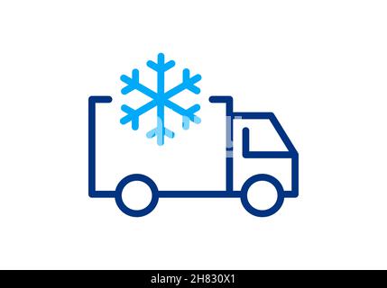 Refrigerator truck with snowflake line icon. Frozen goods transportation. Fridge delivery vehicle symbol. Ice cream van. Vector, flat, illustration. Stock Vector