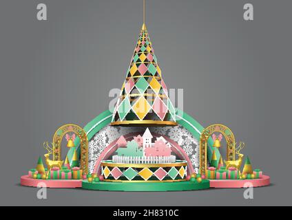 merry Christmas poster design 3d platform with Christmas elements. vector illustration Stock Vector