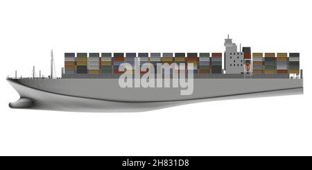 Model of a white large ship loaded with colorful containers isolated on a white background. Side view. 3D. Vector illustration. Stock Vector