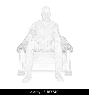 Wire-frame of a joyful man sitting on an armchair from black lines, isolated on a white background. The man watches TV and is happy. 3D. Vector illust Stock Vector