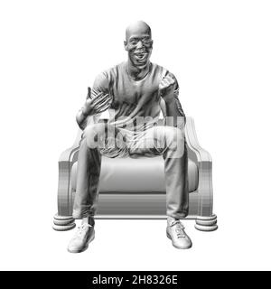 Joyful man sits in a chair isolated on a white background. The man watches TV and is happy. 3D. Vector illustration. Stock Vector