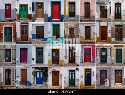 Collage of 32 traditional multi coloured front doors in a 7 x 5 format ratio taken in Lagos, Algarve, Portugal Stock Photo
