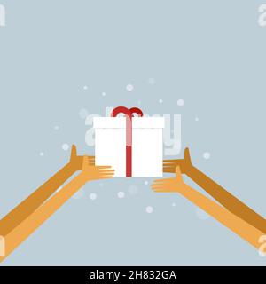 Hands exchanging gifts with snow flakes in the background Stock Vector