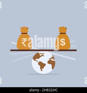 Conceptual illustration of money bags containing Indian Rupee and US Dollar are getting balanced over the globe Stock Vector