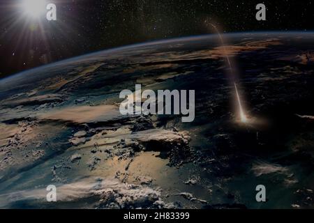 Missile launch at the mornong, aerial view from space. Elements of this image furnished by NASA.