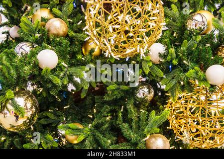 decorated Christmas tree with the balls and lights Stock Photo