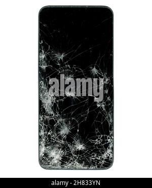 Broken mobile phone screen, fractured glass white background Stock Photo
