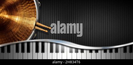 Musical instruments on black background with copy space, golden cymbal on a snare drum with two wooden drumsticks and a piano keyboard with reflection Stock Photo