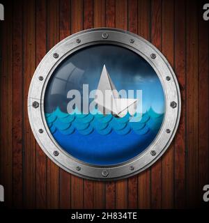 3D illustration and photography of a white paper boat sinking in the stormy sea seen through the porthole of a ship. Stock Photo