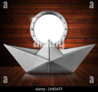 White paper boat inside a wooden ship with empty metal porthole with copy space. 3D illustration and Photography. Stock Photo