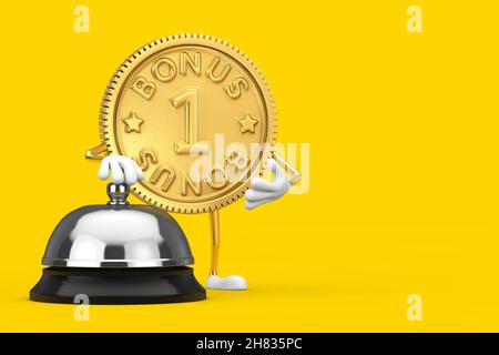 Golden Loyalty Program Bonus Coin Person Character Mascot with Hotel Service Bell Call on a yellow background. 3d Rendering Stock Photo