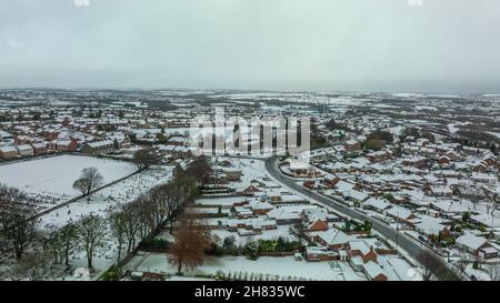 Snowy scenes over Monk Bretton, a village in the town of Barnsley, South Yorkshire, is covered in snow after storm Arwen hits the UK Stock Photo