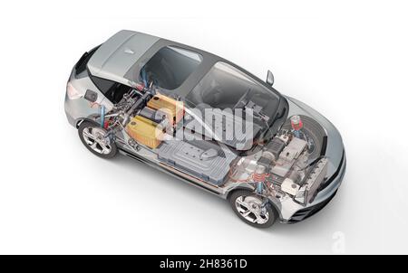 Electric generic car technical cutaway 3d rendering with all main details of EV system in ghost effect. Perspective top view on white background. Stock Photo