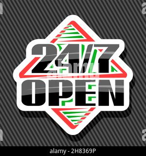 Vector sign 24/7 Open, white decorative logo with unique brush lettering for black word 24/7 open, isolated rhomb business concept with shadow on grey Stock Vector