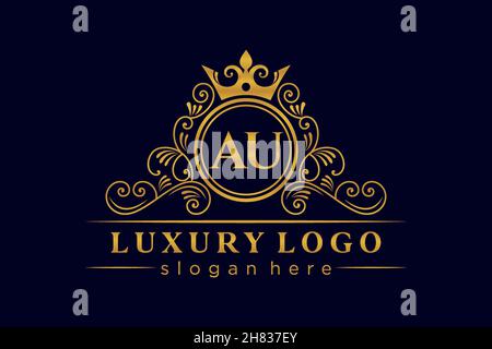 AU Initial Letter Gold calligraphic feminine floral hand drawn heraldic monogram antique vintage style luxury logo design Premium Stock Vector