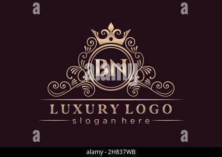 BN Initial Letter Gold calligraphic feminine floral hand drawn heraldic monogram antique vintage style luxury logo design Premium Stock Vector