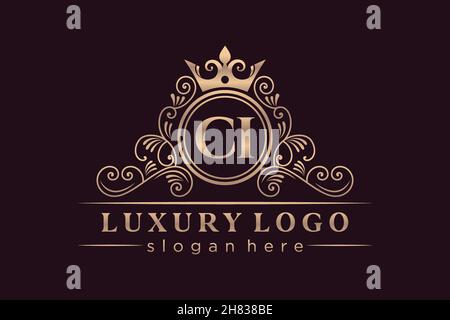 CI Initial Letter Gold calligraphic feminine floral hand drawn heraldic monogram antique vintage style luxury logo design Premium Stock Vector