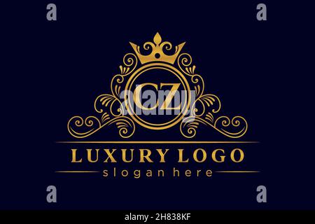 CZ Initial Letter Gold calligraphic feminine floral hand drawn heraldic monogram antique vintage style luxury logo design Premium Stock Vector