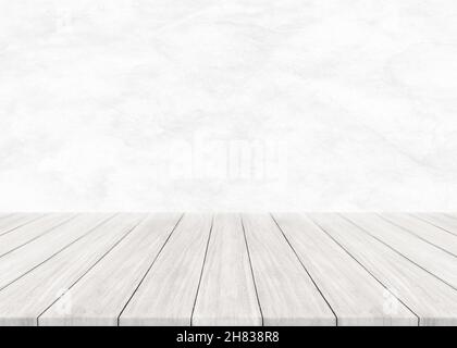 Empty white wood table top and blur wall. Wall Texture Background. Building banner mock up abstract background - can used for display or montage your Stock Photo