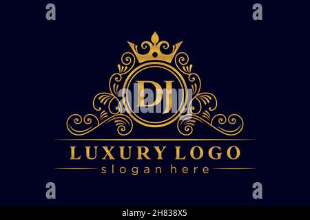 DJ Initial Letter Gold calligraphic feminine floral hand drawn heraldic monogram antique vintage style luxury logo design Premium Stock Vector