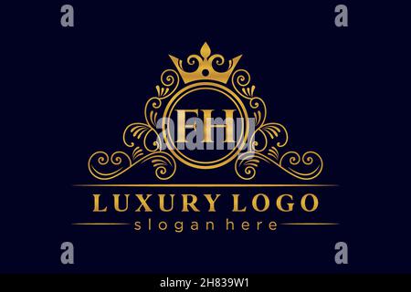 FH Initial Letter Gold calligraphic feminine floral hand drawn heraldic monogram antique vintage style luxury logo design Premium Stock Vector