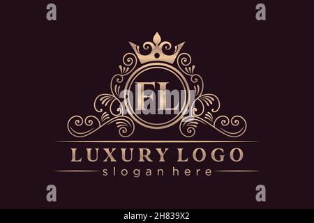 FL Initial Letter Gold calligraphic feminine floral hand drawn heraldic monogram antique vintage style luxury logo design Premium Stock Vector