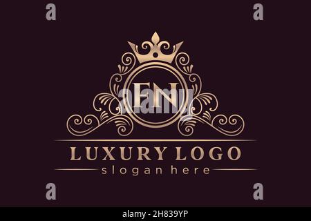 FN Initial Letter Gold calligraphic feminine floral hand drawn heraldic monogram antique vintage style luxury logo design Premium Stock Vector