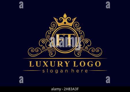 FT Initial Letter Gold calligraphic feminine floral hand drawn heraldic monogram antique vintage style luxury logo design Premium Stock Vector