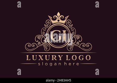 GI Initial Letter Gold calligraphic feminine floral hand drawn heraldic monogram antique vintage style luxury logo design Premium Stock Vector