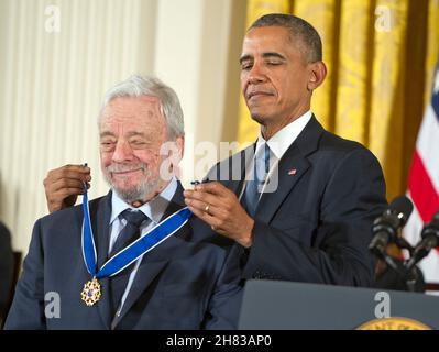 Composers and lyricist Stephen Sondheim receives the Presidential Medal of Freedom from United States President Barack Obama during a ceremony in the East Room of the White House in Washington, DC on Tuesday, November 24, 2015.  The Medal is the highest US civilian honor, presented to individuals who have made especially meritorious contributions to the security or national interests of the US, to world peace, or to cultural or significant public or private endeavors.Credit: Ron Sachs /  CNP/Sipa USA Stock Photo