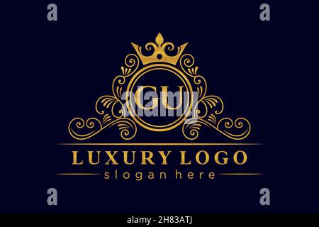 GU Initial Letter Gold calligraphic feminine floral hand drawn heraldic monogram antique vintage style luxury logo design Premium Stock Vector