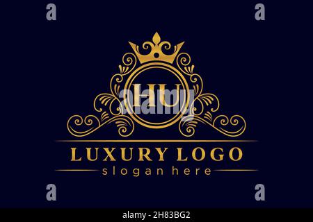 HU Initial Letter Gold calligraphic feminine floral hand drawn heraldic monogram antique vintage style luxury logo design Premium Stock Vector