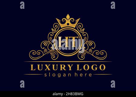 HT Initial Letter Gold calligraphic feminine floral hand drawn heraldic monogram antique vintage style luxury logo design Premium Stock Vector