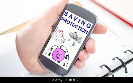 Saving protection concept shown on a smartphone screen Stock Photo